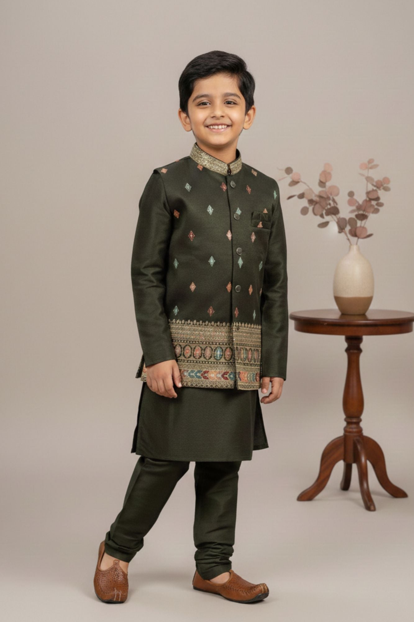 Olive Green Embroidered Kurta Pajama Set with Ethnic Jacket for Boys