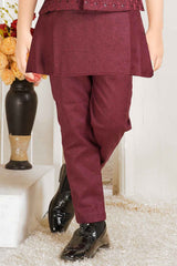 Maroon Full Sleeves Kurta With Sequin Embroidered Waist Coat Set For Boys