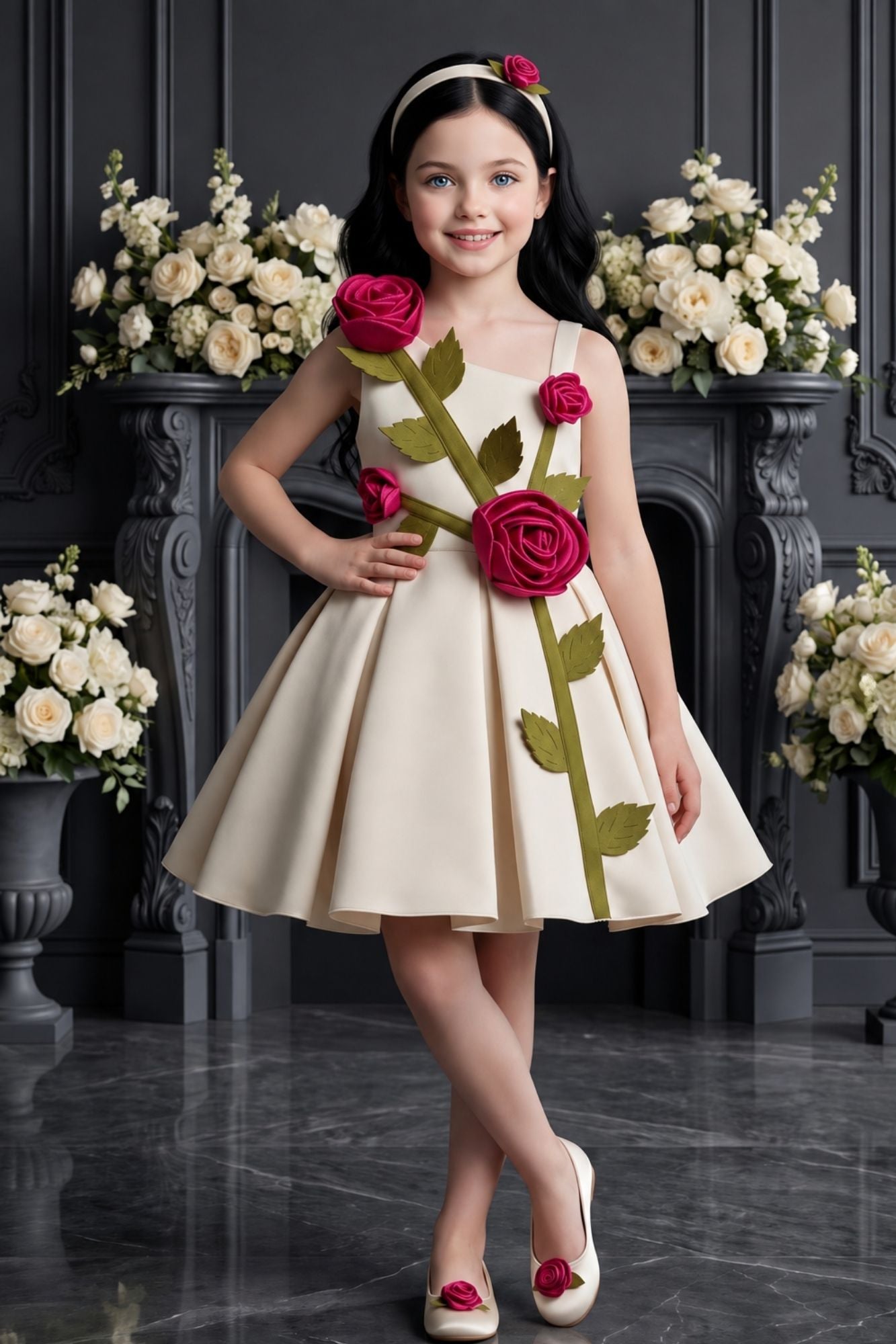 Girls Fawn 3D Rose Applique Party Wear Frock