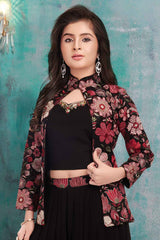 Black Floral Embroidered And Stone Work Ethnic Palazzo Set With Over Coat For Girls