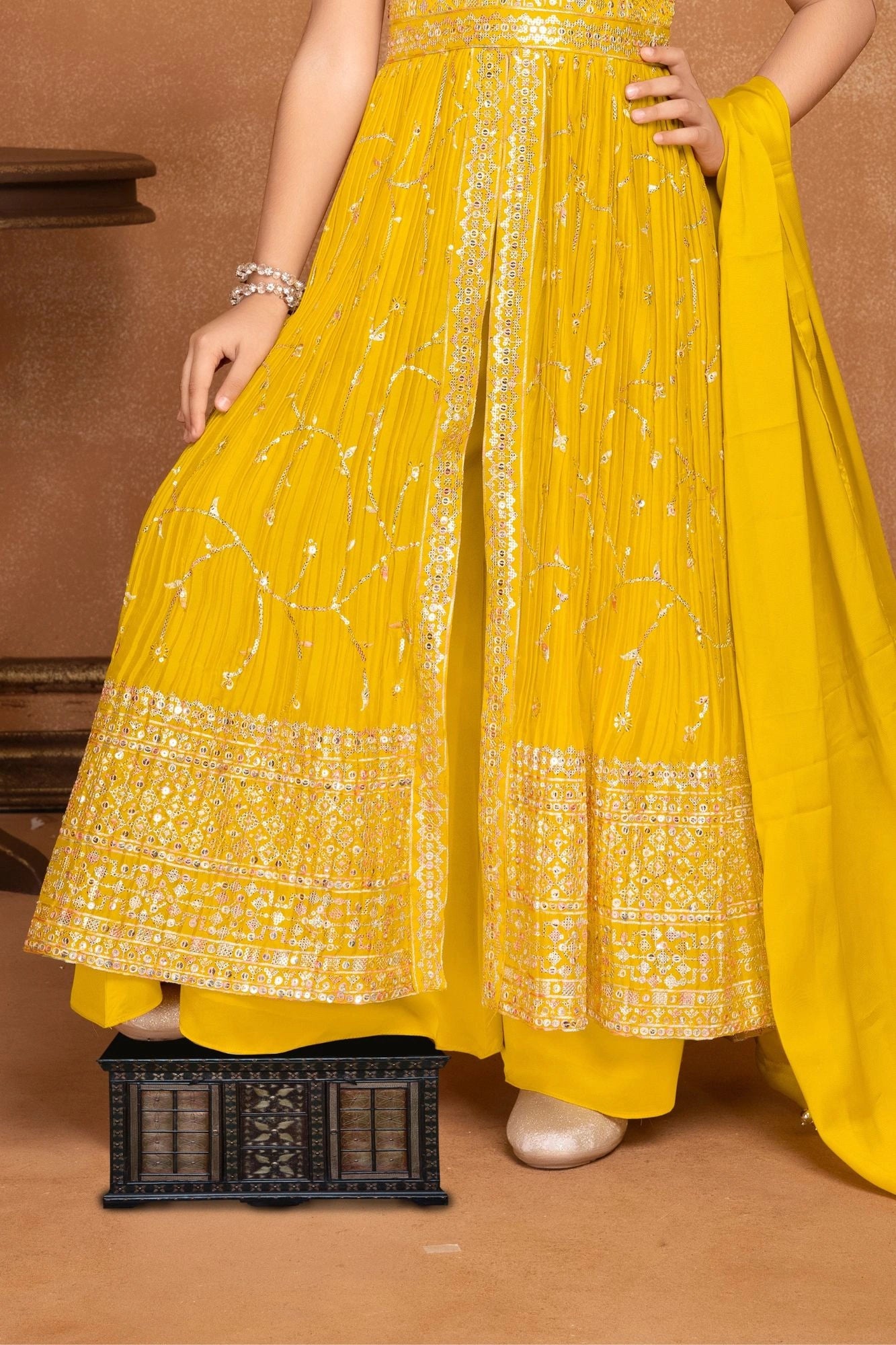 Mustard Yellow Sequins Worked Palazzo Set For Girls