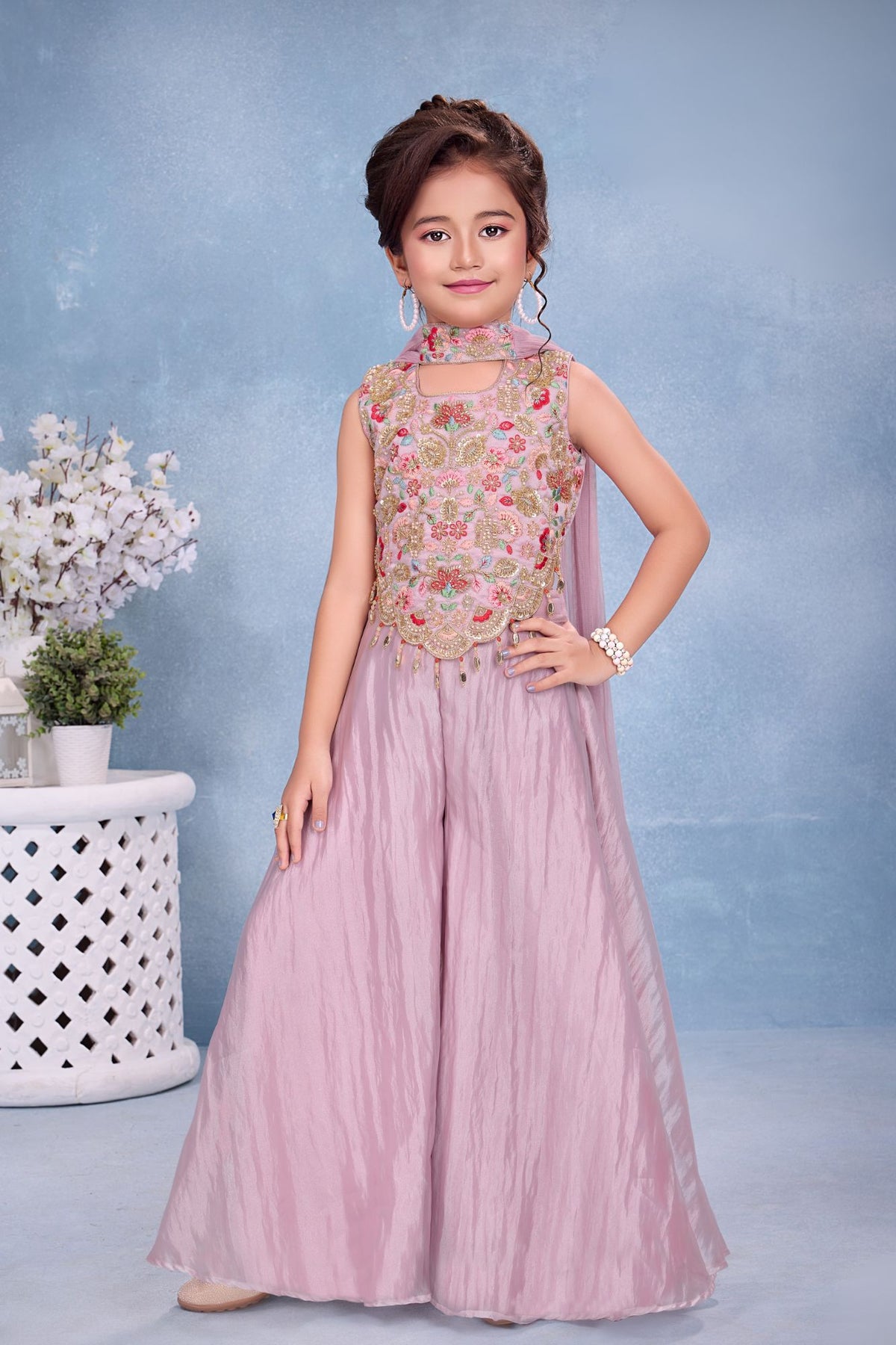 Girls Onion Pink Embroidered Palazzo Set With Dupatta