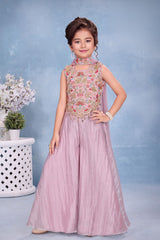 Girls Onion Pink Embroidered Palazzo Set With Dupatta