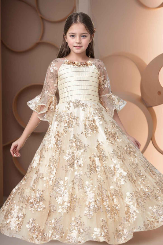 Designer Cream Sequin Embellished Net Party Gown With Floral Embellishment For Girls
