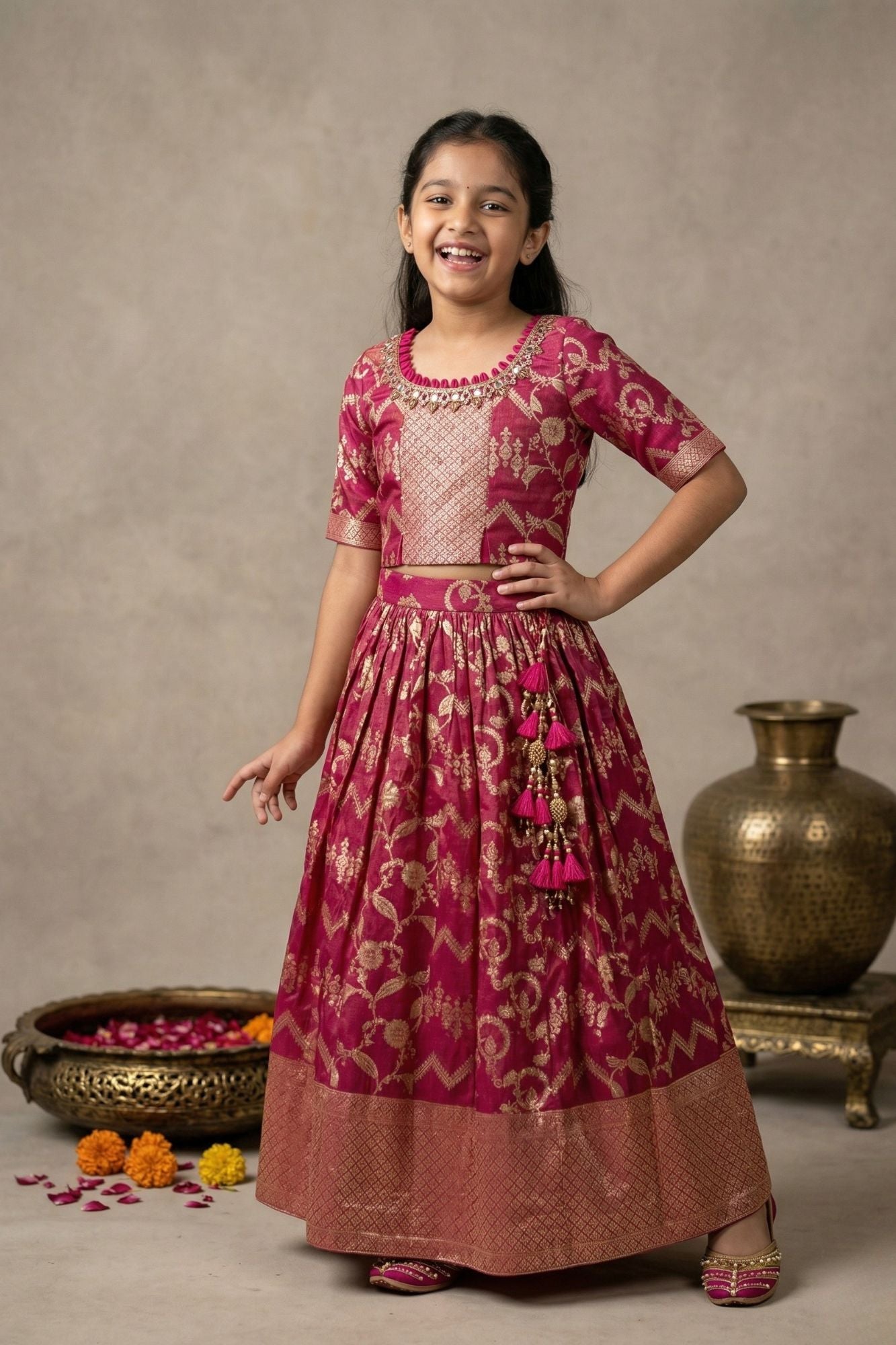 Rani Pink Embroidered Lehenga Choli with Dupatta For Girls