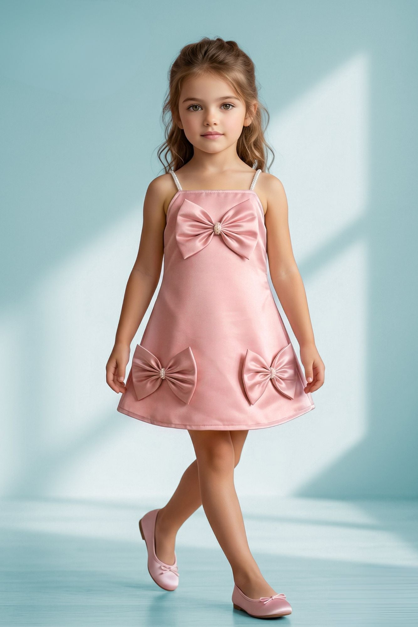 Blush Pink Bow Detail Party Wear Frock for Girls