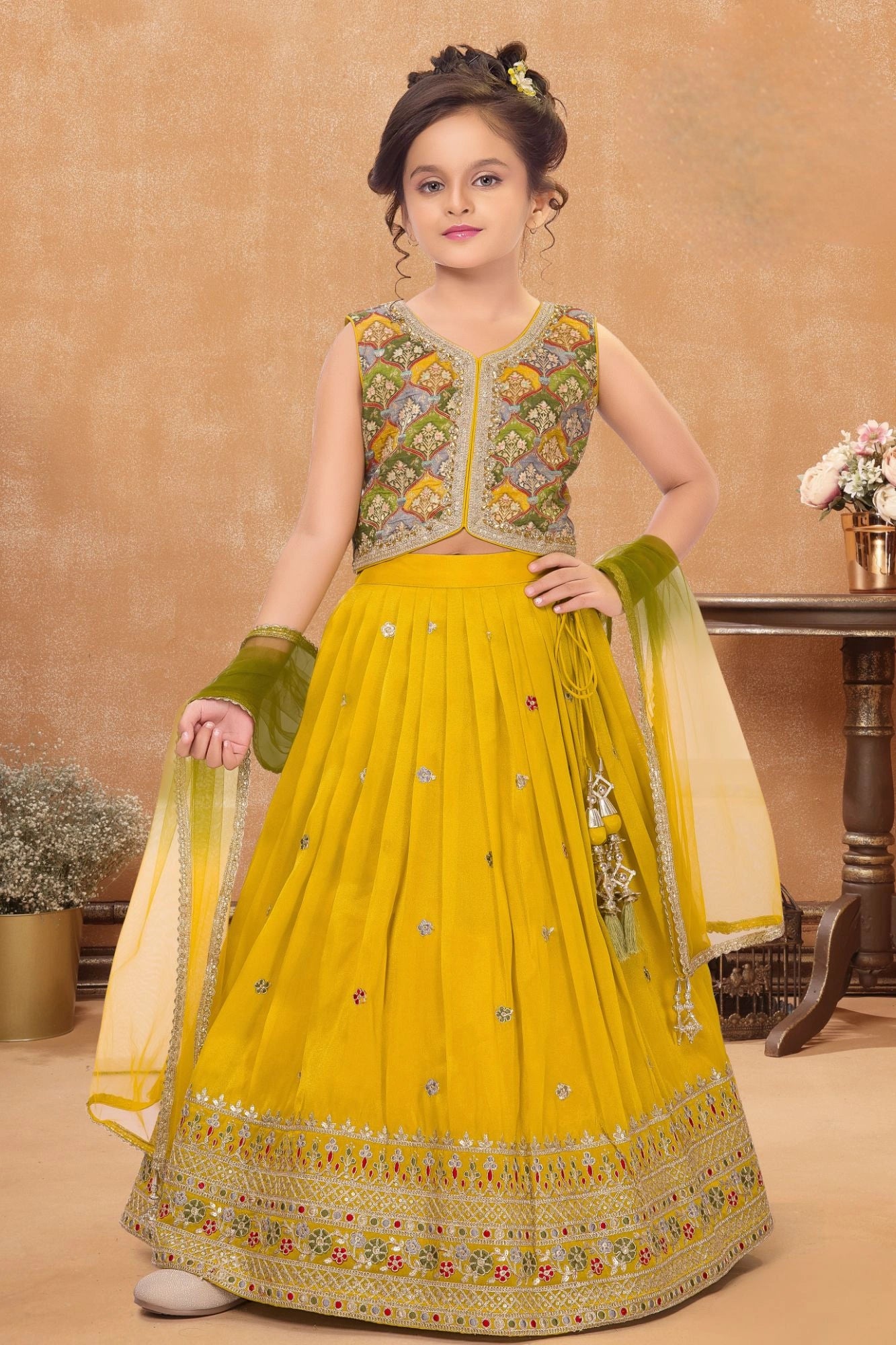 Mustard Yellow Embroidered Lehenga Choli Set For Girls