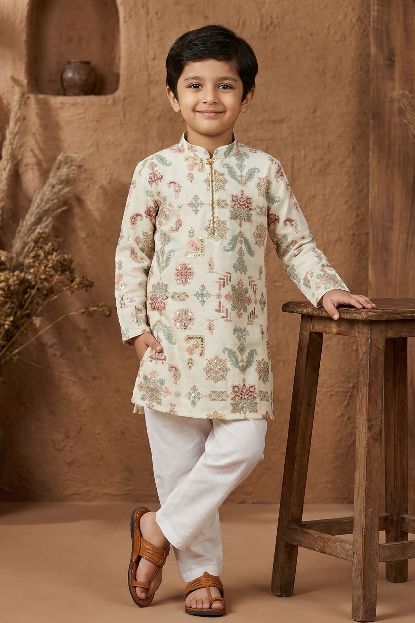 Ivory Embroidered Kurta Set With Pajama For Boys