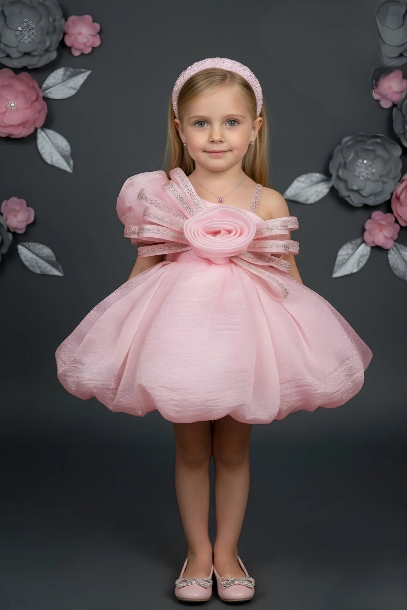 Pink Party Frock with 3D Rosette Bow For Girls