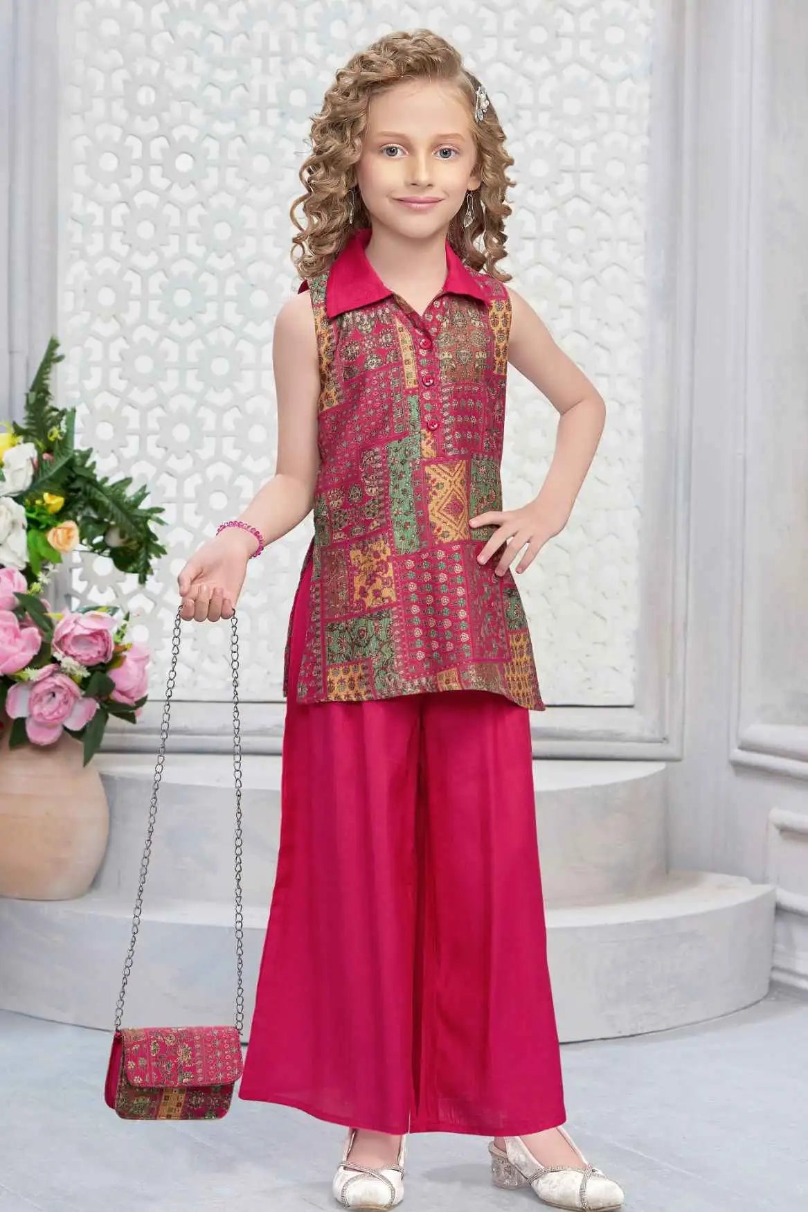 Rani Pink Palazzo Set with Ethnic Printed Top And Sling Bag For Girls