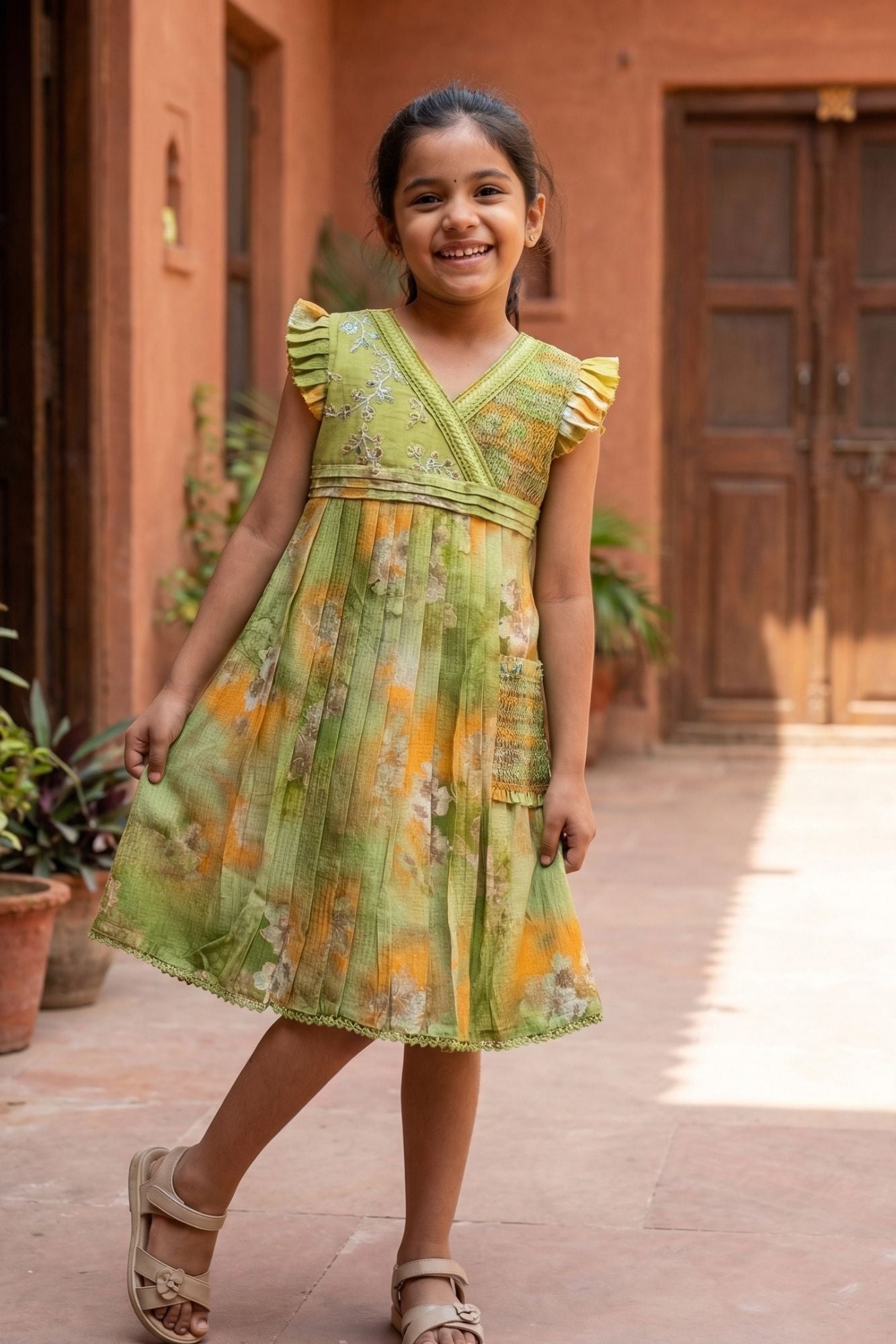 Olive Green Floral Pleated Frock For Girls