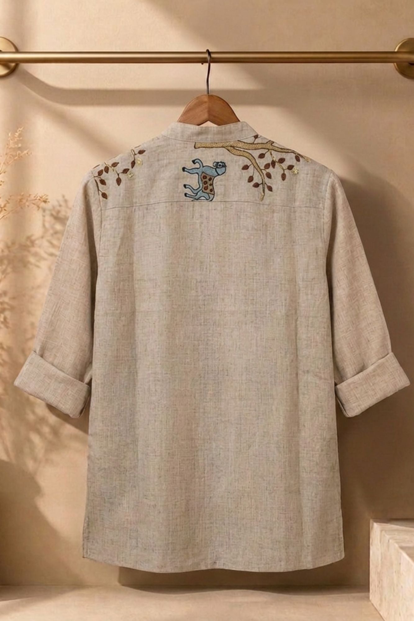 Beige Animal & Nature Embroidered Pure Linen Kurta