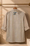 Beige Animal & Nature Embroidered Pure Linen Kurta