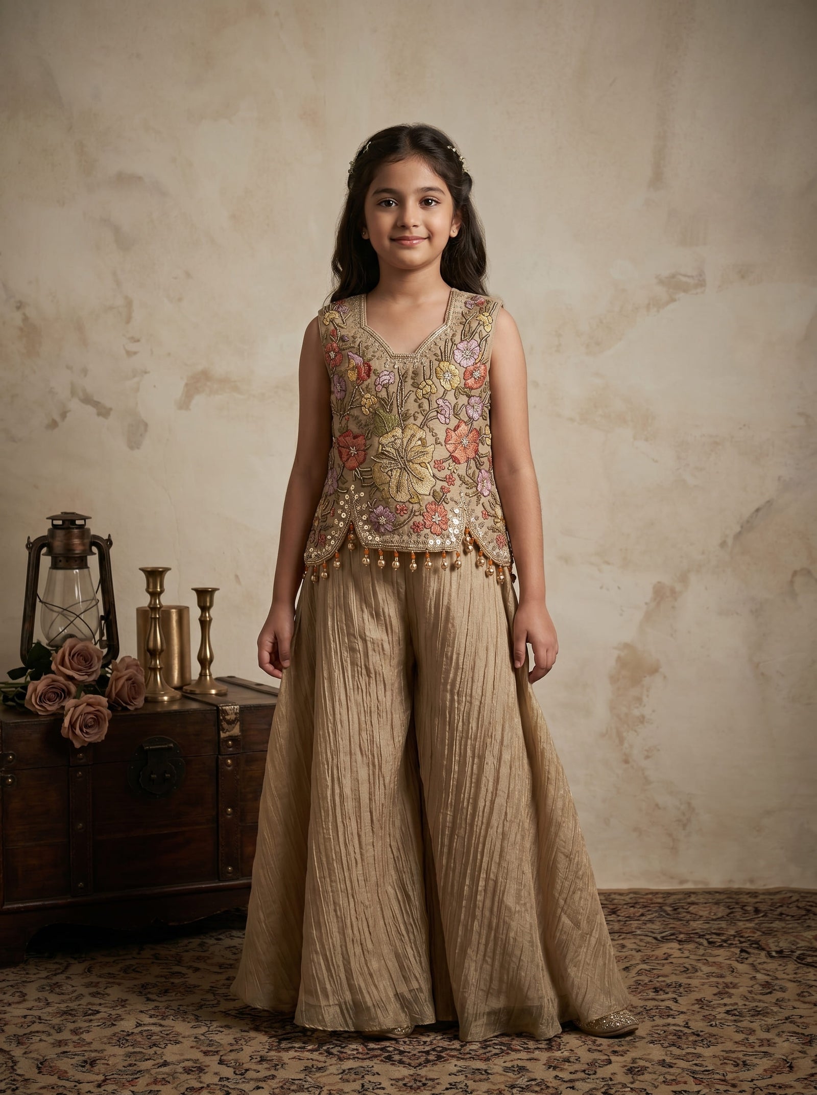 Girls Gold Embroidered Palazzo Set with Dupatta