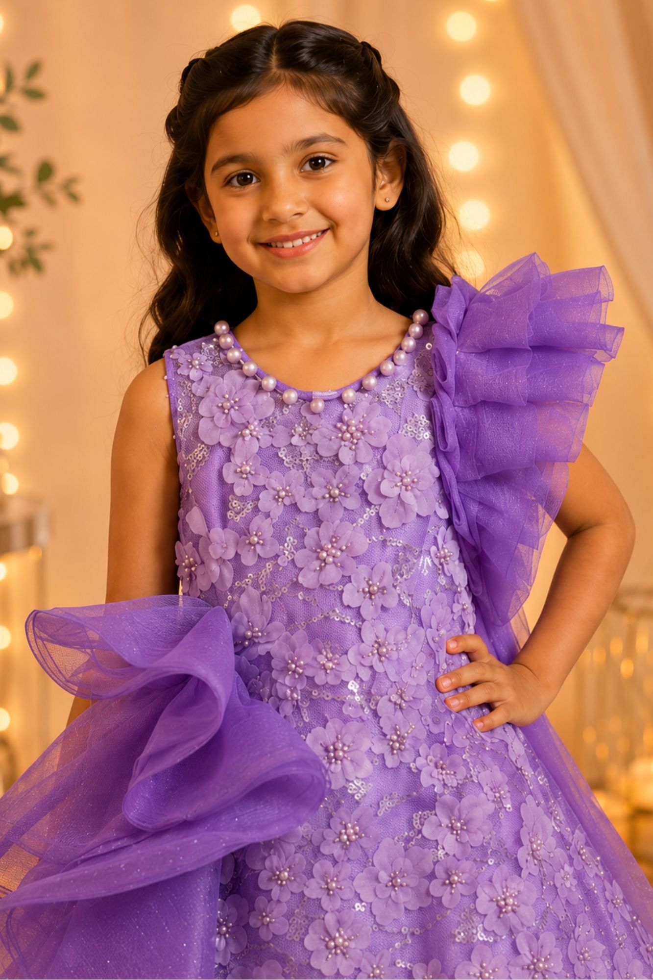 Lavender Floral Embellished Layered Party Wear Ball Gown