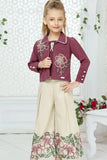 Wine And Beige Floral Embroidered Co-ord Set with Jacket For Girls