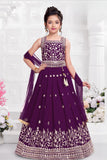 Purple Embroidered Lehenga Choli Set with Dupatta for Girls