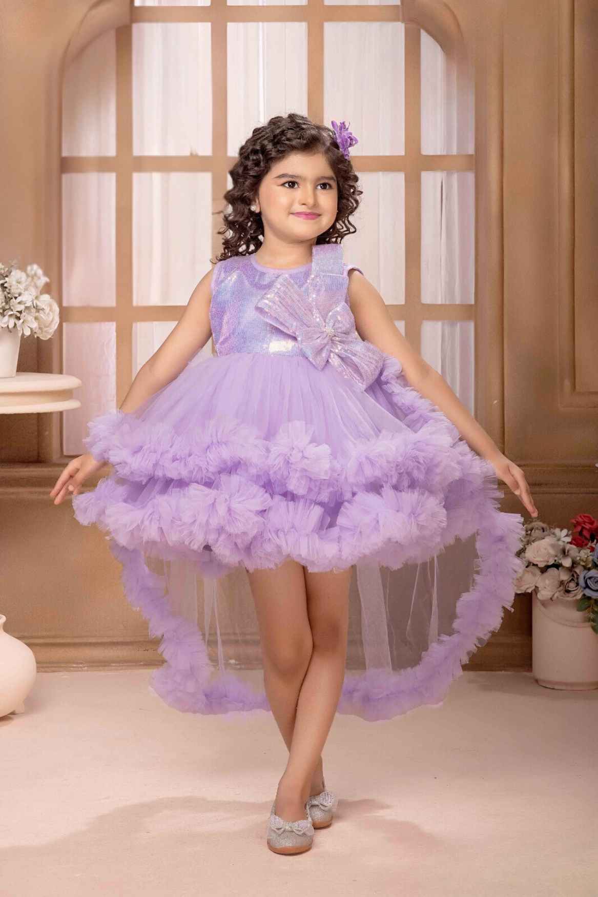 Purple Sleeveless And Sequins With Bow Embellished Tailback Frock For Girl