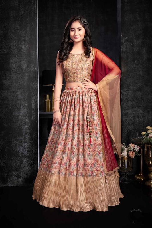 Fawn Printed Sequin And Embroidered Lehenga Choli For Girls