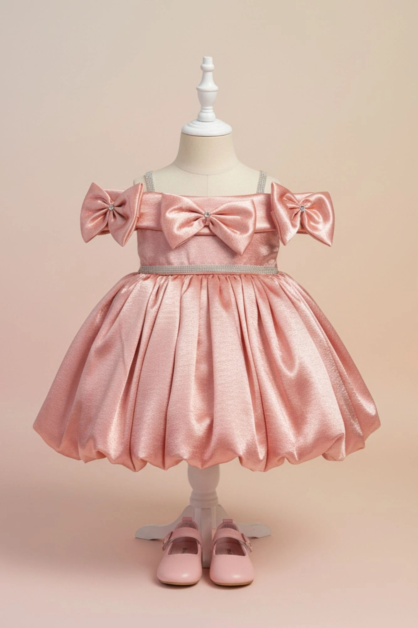 Copper Party Wear Frock with Shoulder Bows and Crystal Belt For Girls