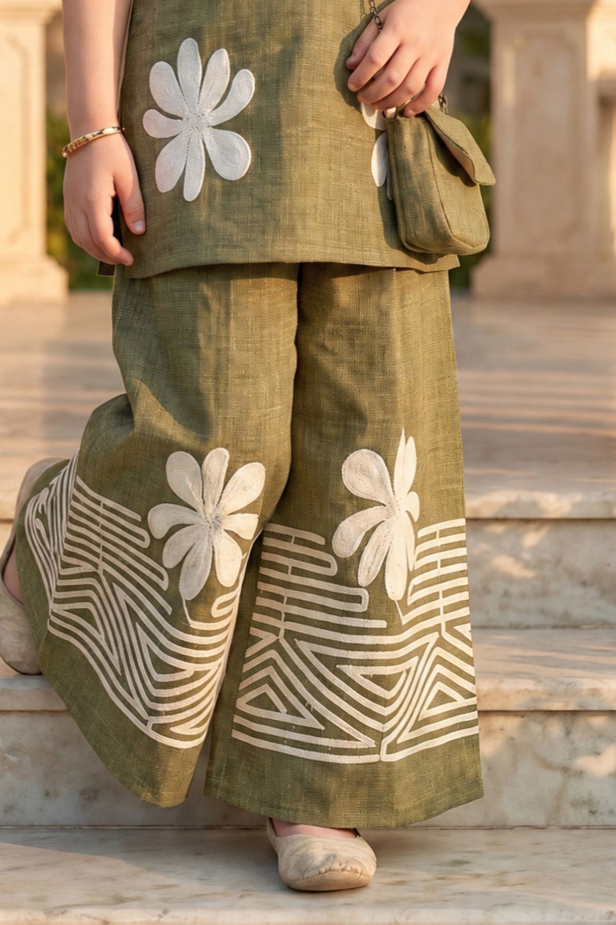 Olive & White Floral Embroidered Sleeveless Co-ord Set For Girls