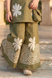 Olive & White Floral Embroidered Sleeveless Co-ord Set For Girls