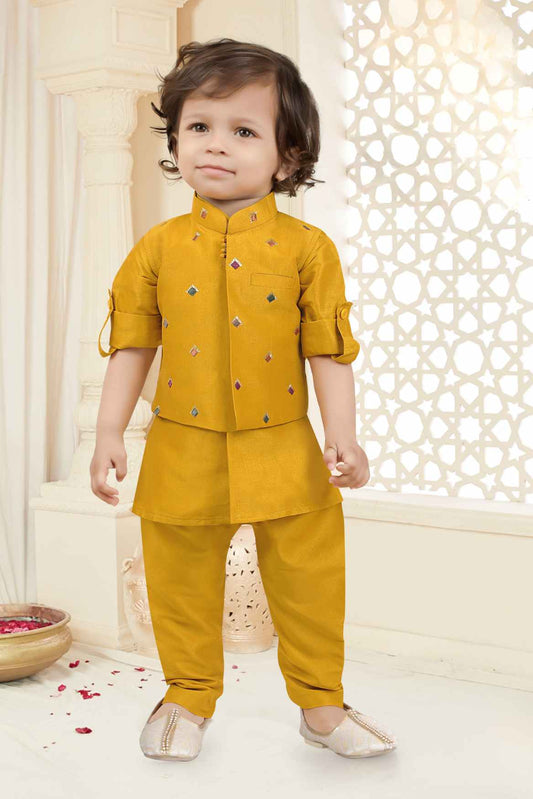 Mustard Kurta Set With Embroidered Waistcoat For Boys