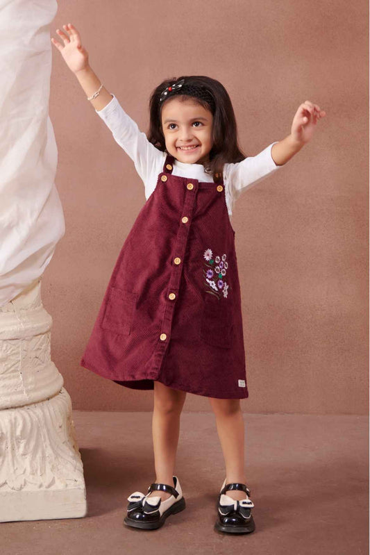 Maroon Dungaree And White T shirt With Embroidery For Girls