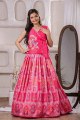 Pink Printed And Embroidered Lehenga Choli Set For Girls