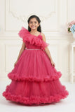 Rani Pink One-Shoulder Net Party Gown with Layered Ruffle Hem For Girls