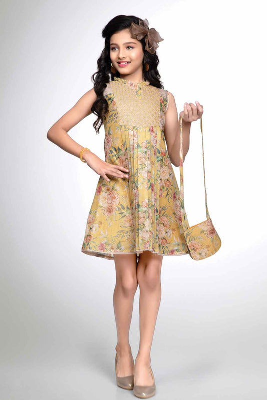 Mustard Bloom Sleeveless Floral Dress for Girls
