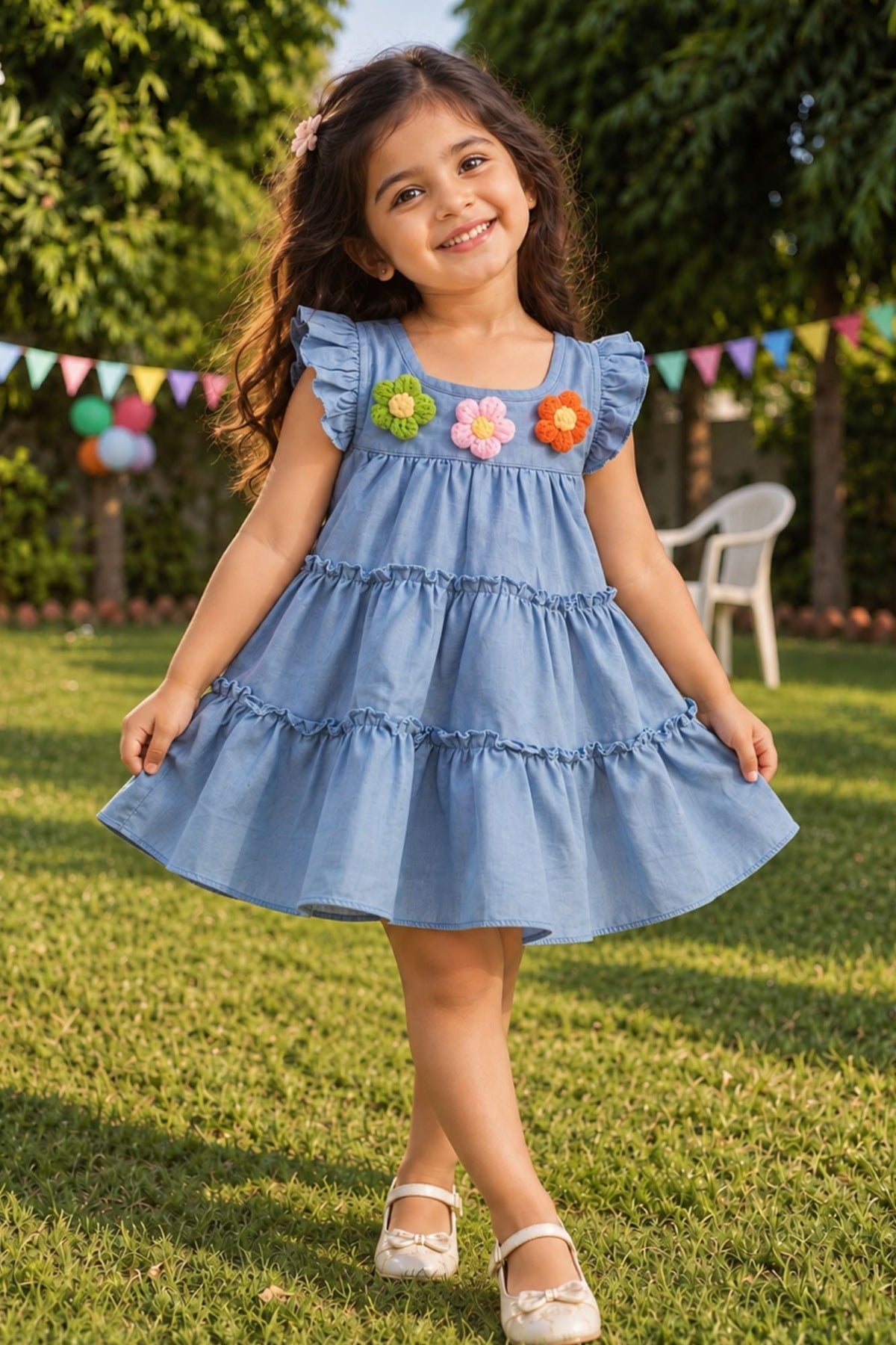 Girls Yoke frock with Ruffeled Sleeves And Emblished Crochet Flowers