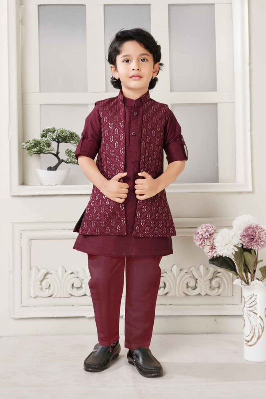 Classic Maroon Kurta Set With Overcoat For Boys