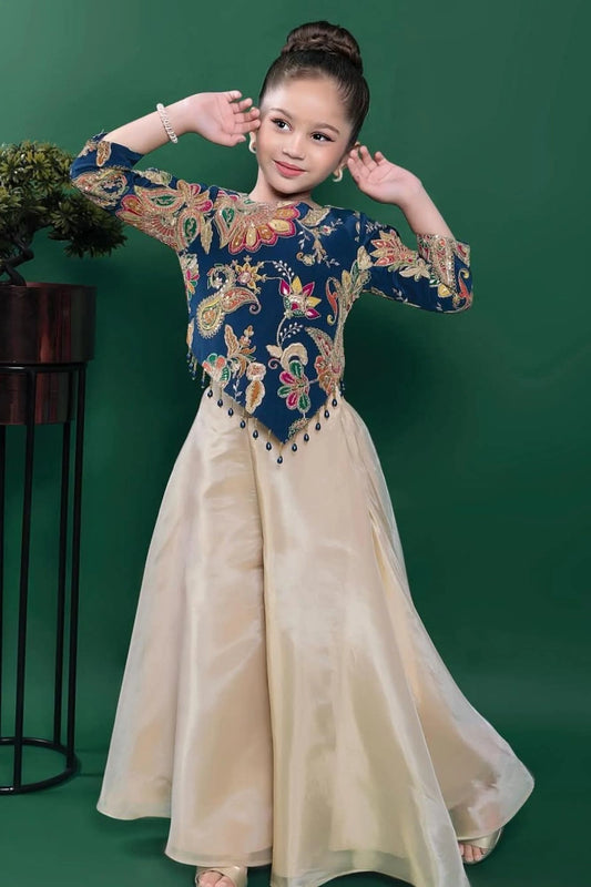 Navy Blue Embroidered Top with Cream Palazzo Set For Girls