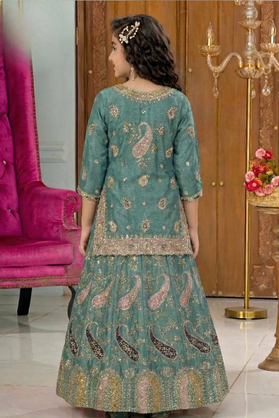 Rama Green Embroidered Lehenga Set for Girls