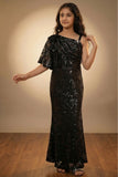Black Sequin Embellished One-Shoulder Party Wear Gown For Girls