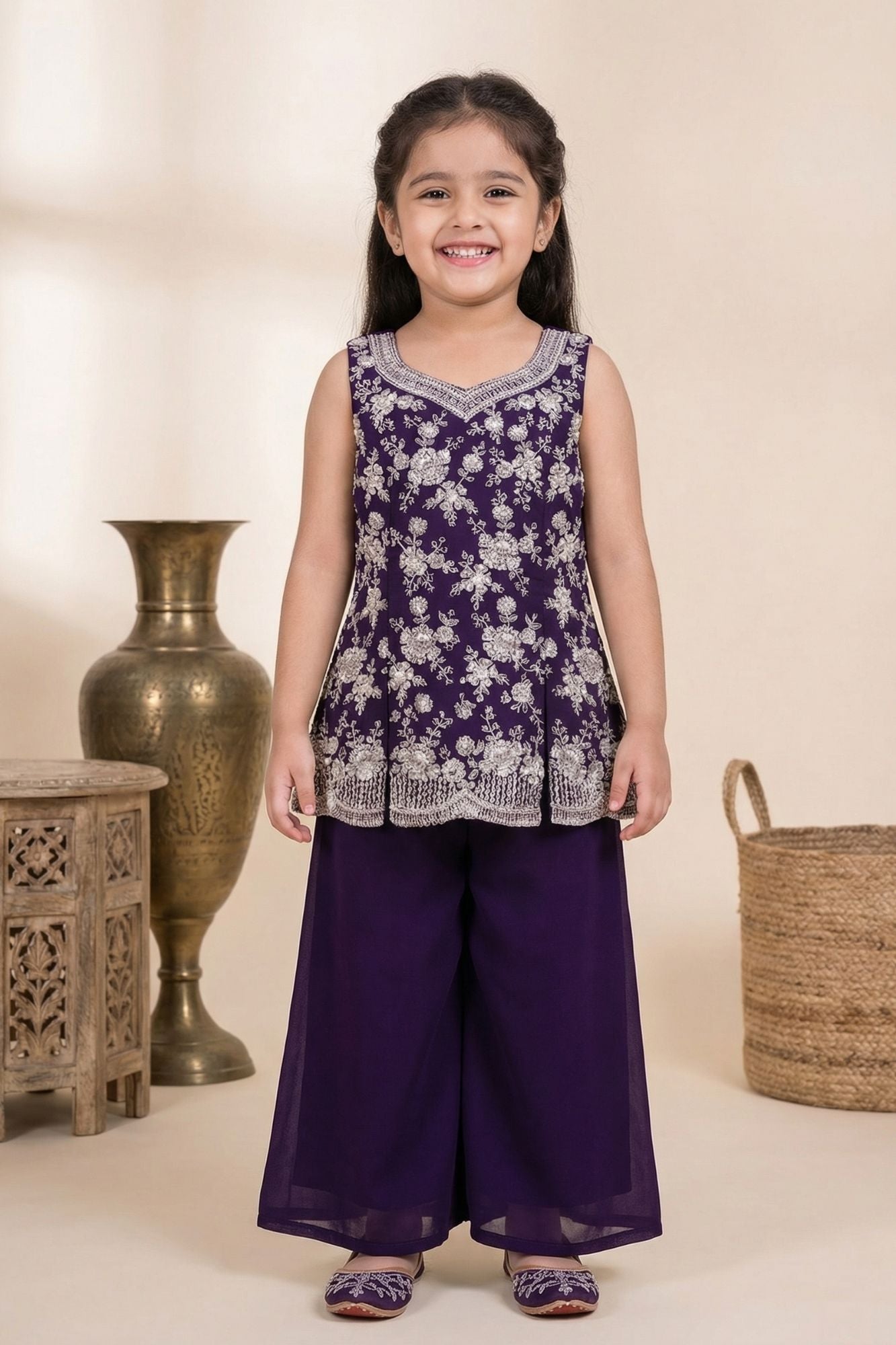 Royal Purple Embroidered Georgette Palazzo Set For Girls
