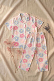 White Multicolor Daisy Floral Print Night Suit Set For Girls