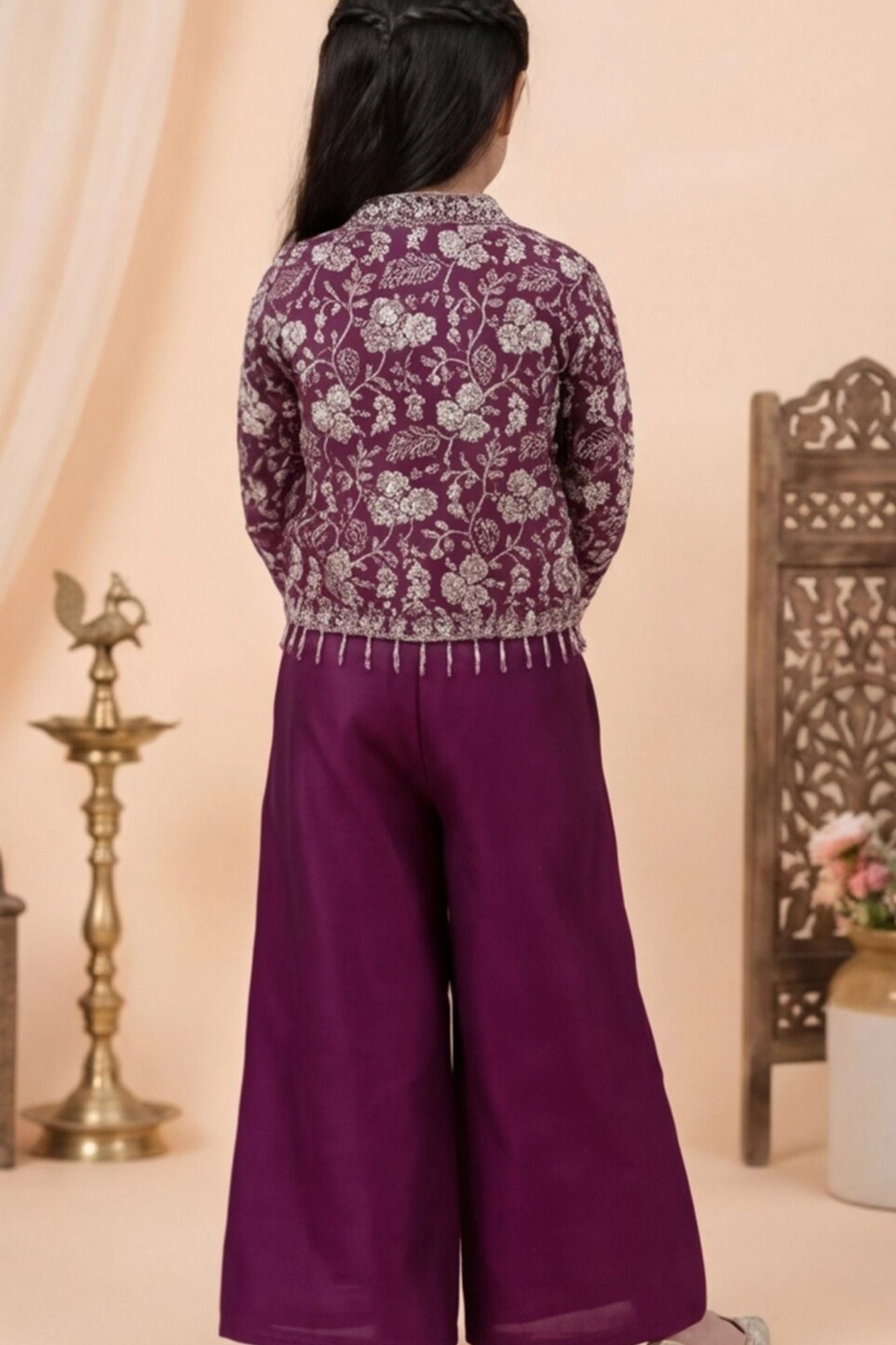 Wine Palazzo Set with Embroidered Jacket For Girls