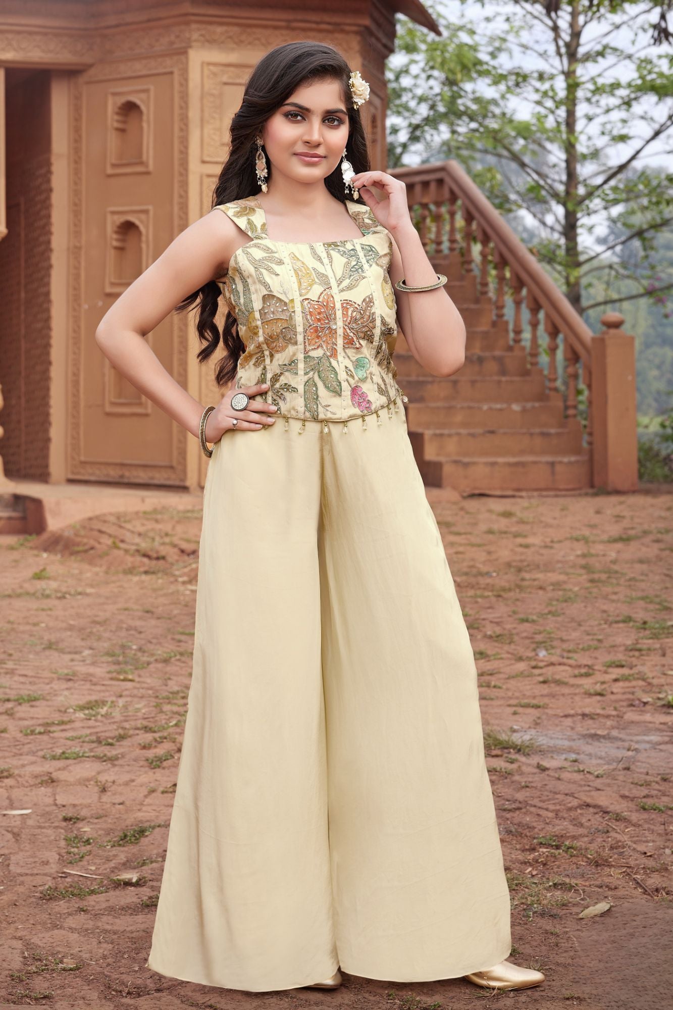 Cream Embroidered Palazzo Set For Girls