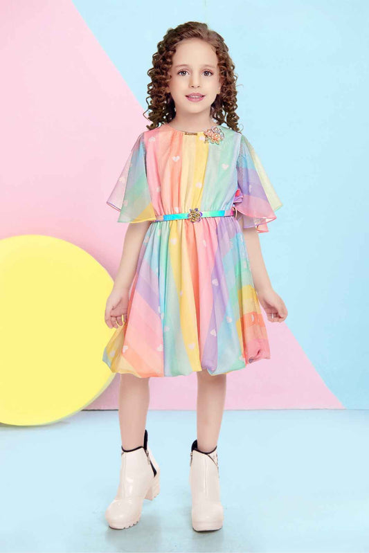 Rainbow Frock With Circle Sleeves And Pearl Brooch For Girls