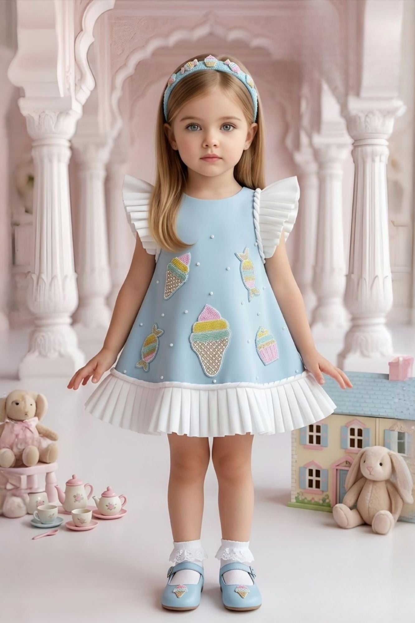 Sky Blue Ice Cream Appliqué Party Wear Frock with Pleated Ruffle Sleeves For Girls