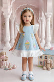 Sky Blue Ice Cream Appliqué Party Wear Frock with Pleated Ruffle Sleeves For Girls