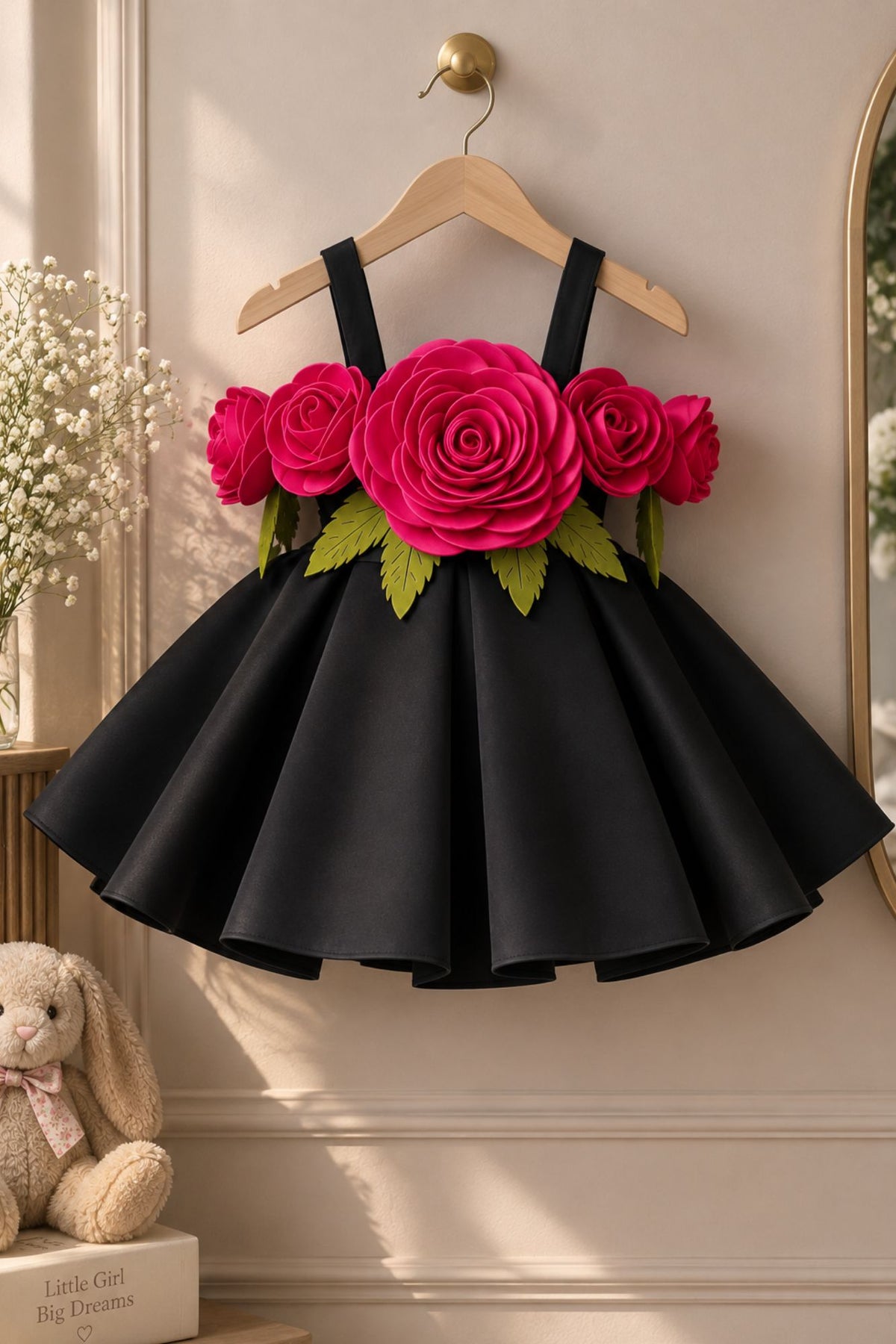 Girls Black 3D Floral Applique Party Wear Frock