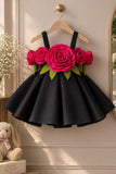 Girls Black 3D Floral Applique Party Wear Frock