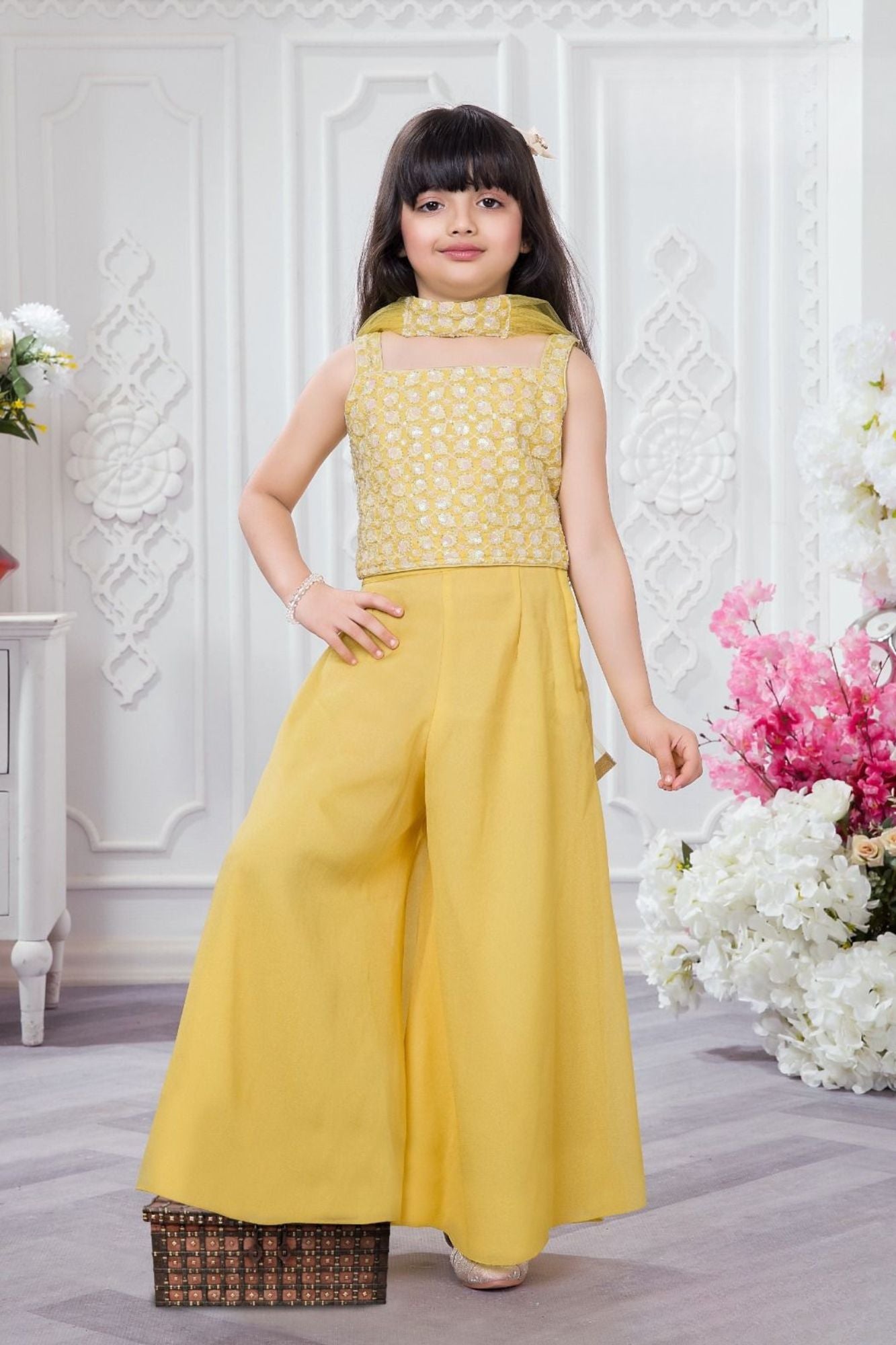 Yellow Embroidered Palazzo Set For Girls