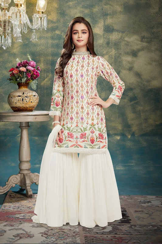 Cream Embroidered And Sequin Sharara Set For Girls