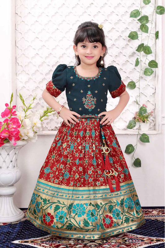 Teal Blue And Maroon Pattu Pavadai Set With Floral And Geometric Embroidery for Girls
