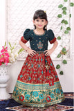 Teal Blue And Maroon Pattu Pavadai Set With Floral And Geometric Embroidery for Girls
