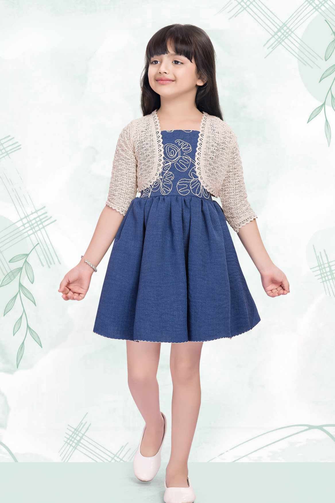 Denim Blue Embroidered Dress With Crochet Shrug For Girls